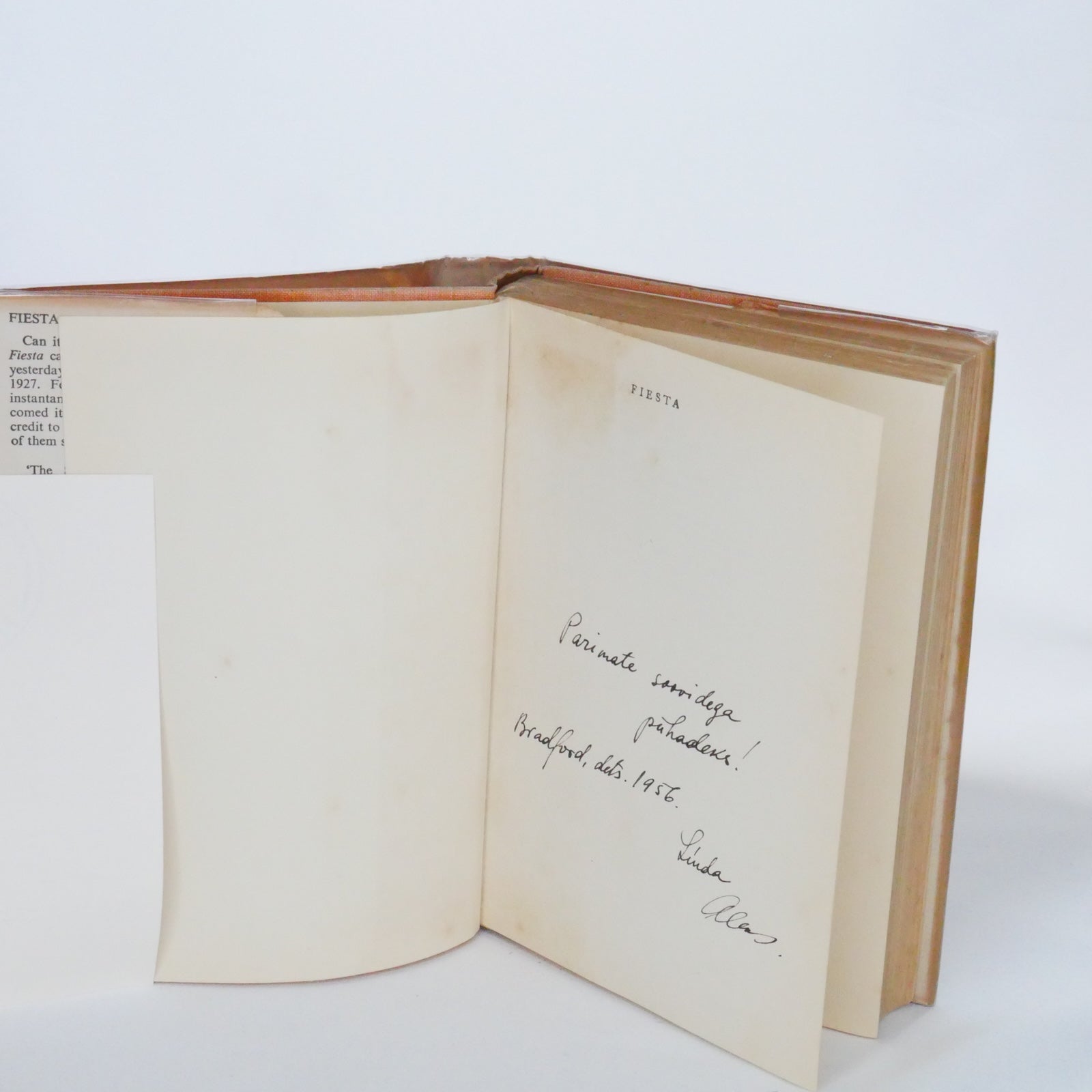 Fiesta - Ernest Hemingway (Jonathan Cape, 1954 Re-issue) — with Estonian Gift Inscription, Bradford 1956