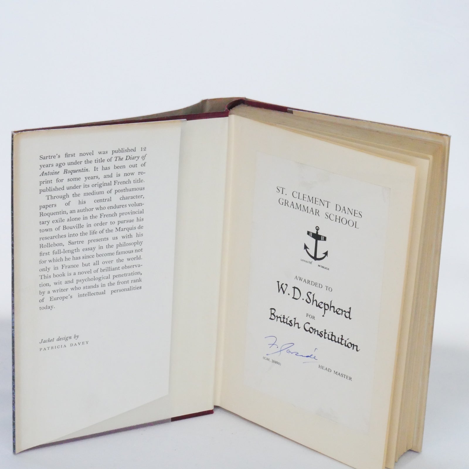 Nausea - Jean-Paul Sartre, translated by Robert Baldick (Hamish Hamilton) — with School Prize Plate